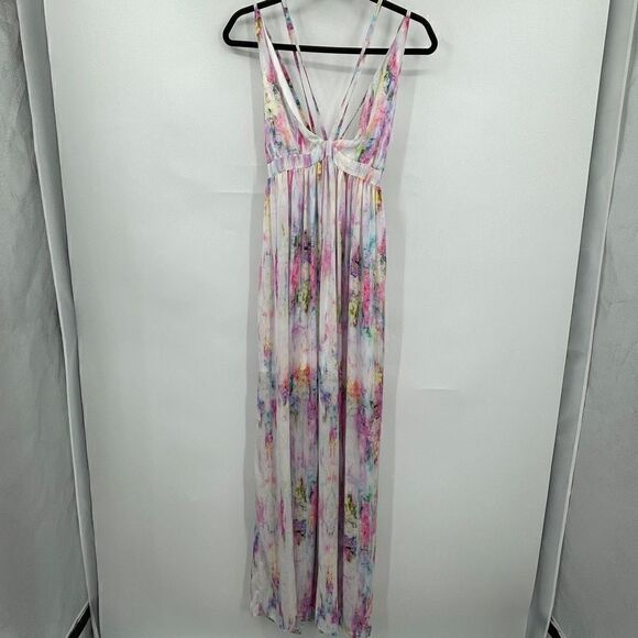 Oh My Love White Pink Green Strappy Tie Dye Watercolor Maxi Dress Size Medium - Picture 2 of 12